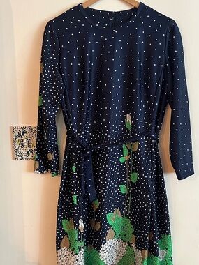 1960s Vintage Leslie Pomer Navy Polka Dot Floral Waist-Tie Dress
